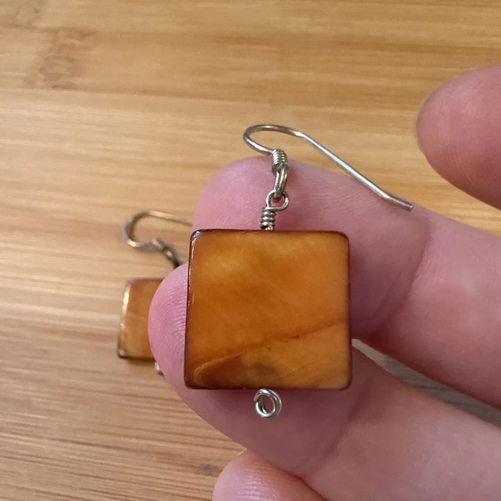 Orange Brown Square Bead Dangle Drop Earrings Vintage Unbranded
